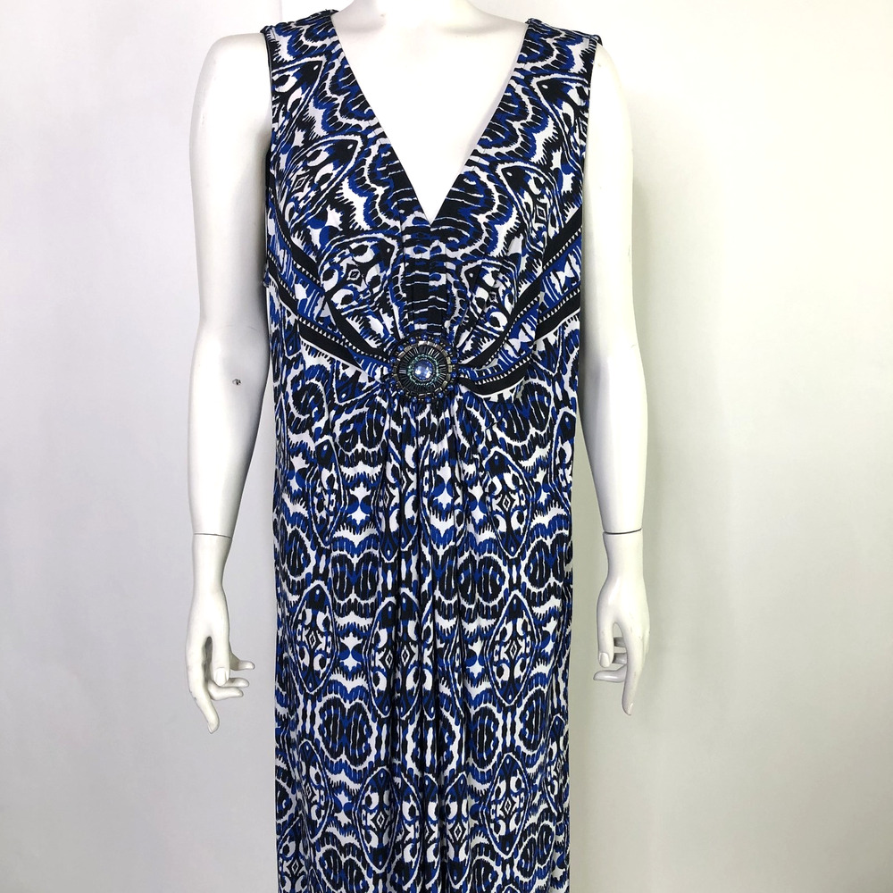 R&M Richards 20W A-Line Faux Wrap Maxi Dress Medallion All Over Print Blue Black
